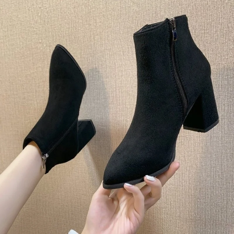 High Heel Ankle Boots Women\'s Winter 2024 New Side Zipper Suede Pointed Head Korean Shoes Ladies Fashion Thick Heels Beige Black