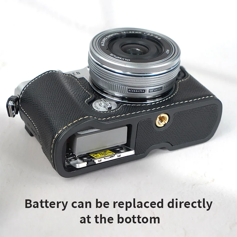 Vintage Leather Camera Half Case for Olympus EP7 Open‑Bottom Battery Access Design Protective Base With Strap Camera Body Shell