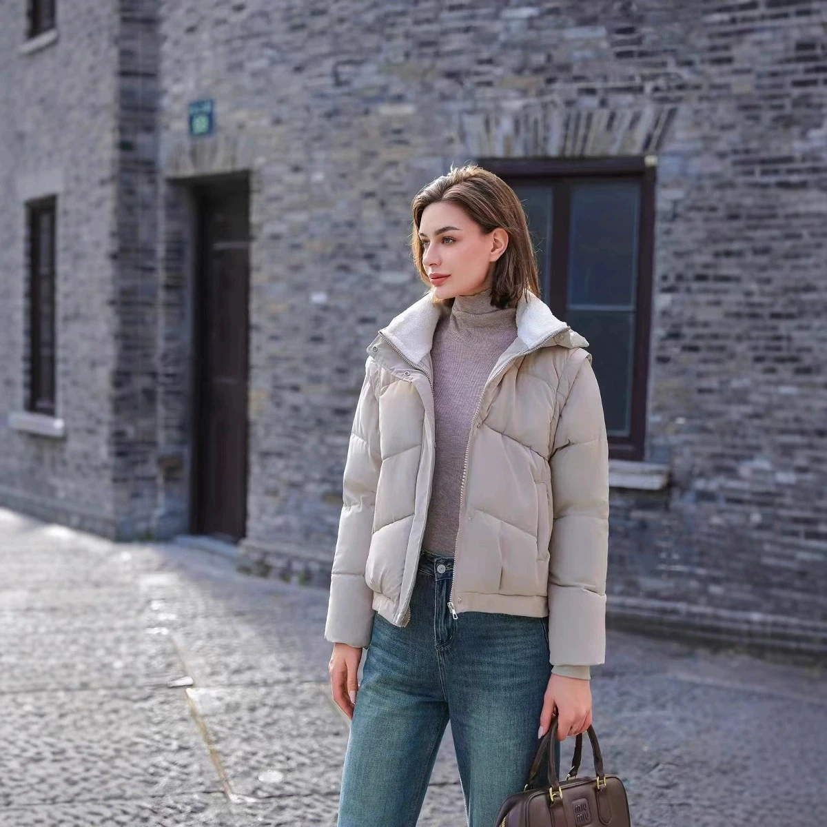 Dames 2025, winter nieuwe modieuze zoete afneembare mouwen, lamsfleece, katoenen donsjack met capuchon, parka's