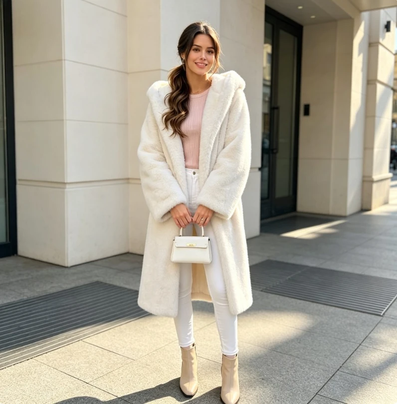 Women Faux Fur Long Coats Hooded Overcoats Lace Up Full Sleeves Open Stitch Thick Loose Jackets Elegant 2026 Autumn Winter
