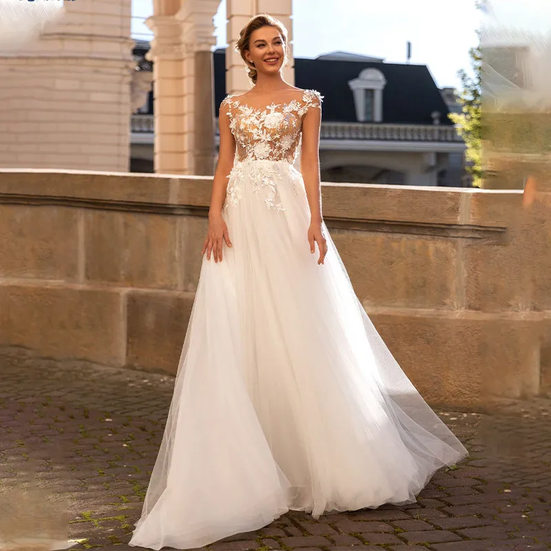 LSYX vestido De novia con hombros descubiertos, apliques De flores 3D, vestido De novia De tul sin espalda, ilusión De tren De barrido, Túnica De Mariee para mujer