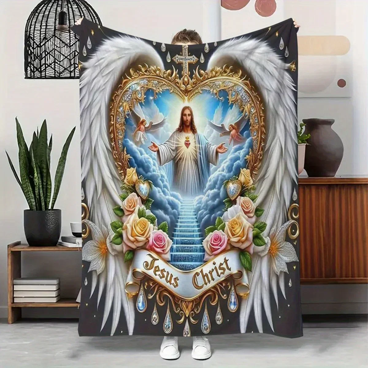 Jesus Christ Angelic Heart Flannel Blanket - Soft, Cozy & Machine Washable, Religious Design with Roses & Gold Accents