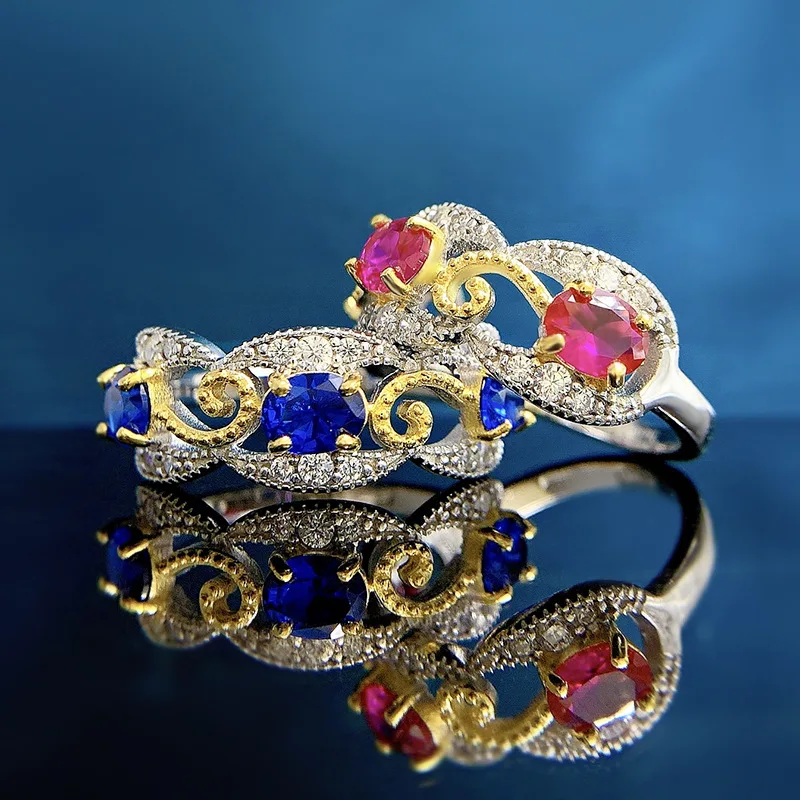 2023 New 925 Silver 4 * 5 Red Treasure Blue Treasure Color Separation Luxury Temperament Dove Egg Ring