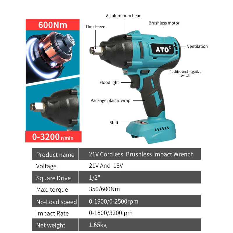 ATO High Torque Electric Brushless Wrench Car Tir Rechargeable 1/2 inch Cordless Impact Wrench 600nm For Makita 18V Battery