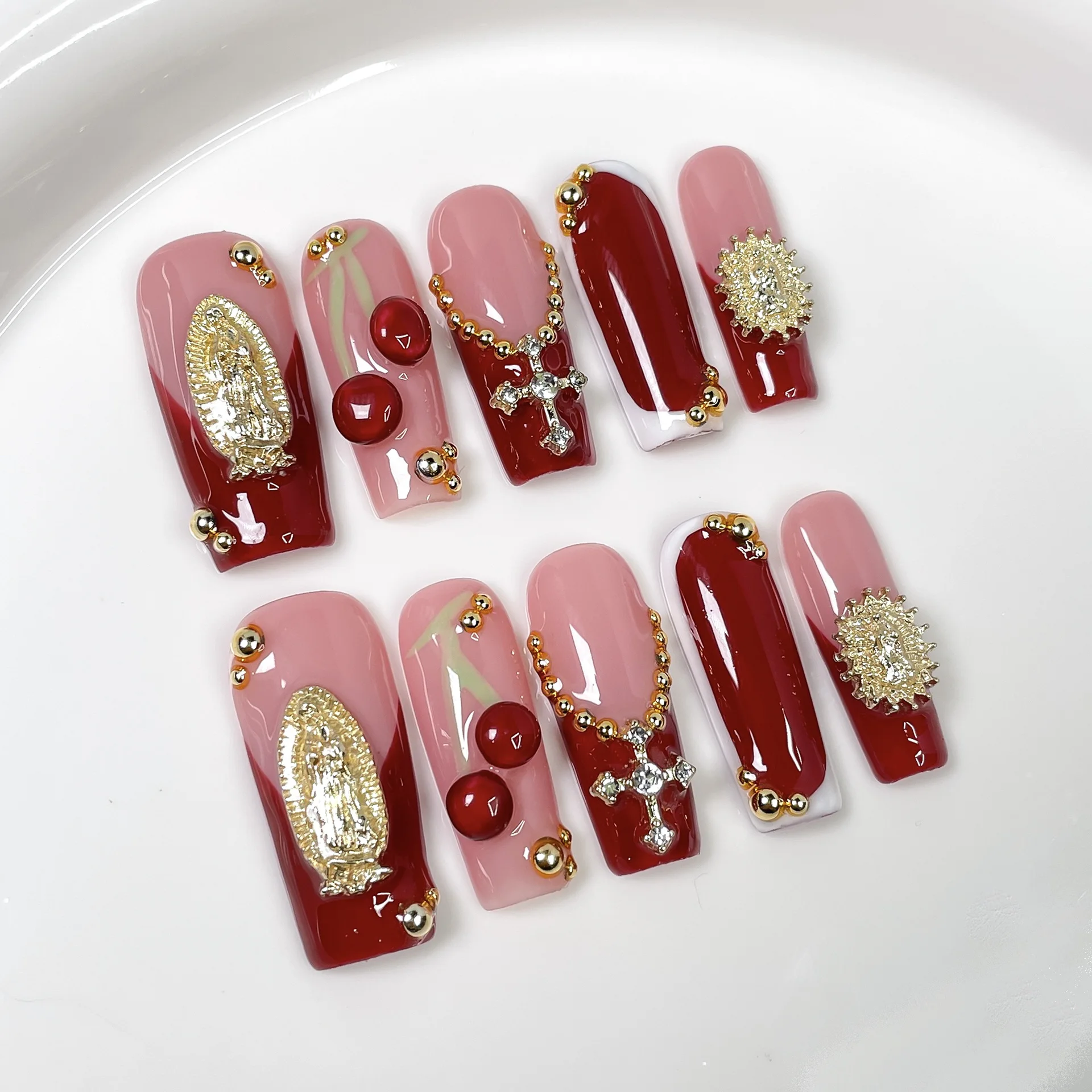 

10Pcs Wine Red French Coffin Long Press on Nails Light Luxury Maximalism Golden Baroque Designs Stick on Retro Nails Detachable