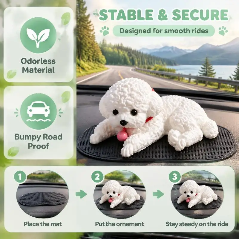 Lifelike Bichon Frise Car Dashboard Ornament Soft Squeeze Toy Silicone Pet Themed Interior Decoration For Desk And Tabletop