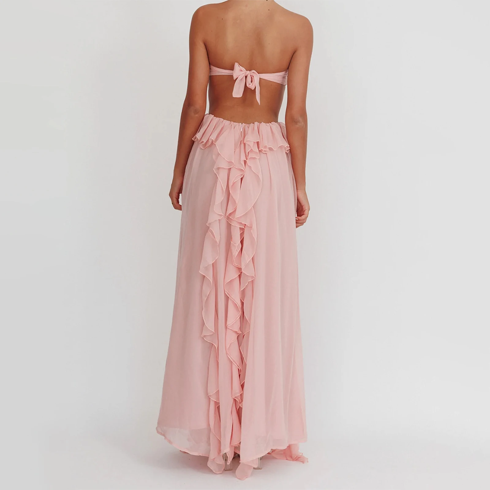 

Combhasaki Women Summer Sleeveless Bow Tie Backless Solid Color 3D Flower Decor Bra Ruffle Trim Waist Cutout A-line Long Dress