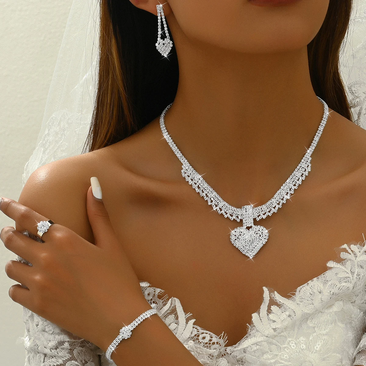 5 قطع أزياء المرأة الخوخ القلب قلادة، أقراط، أساور، خواتم، مجموعة مجوهرات مناسبة لحفلات الزفاف، الحفلات، هدايا المهرجان