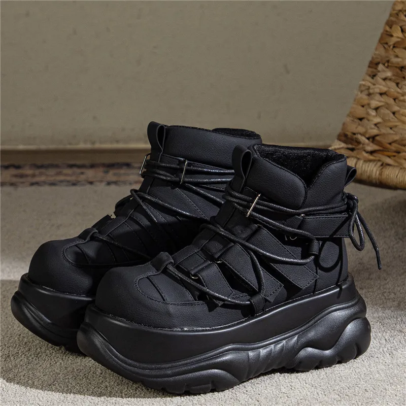 8cm High Top Chunky Sneakers Platform Wedge Heel Shoes for Women Walking Shoes New Black Punk Casual Boots Comfortable Booties