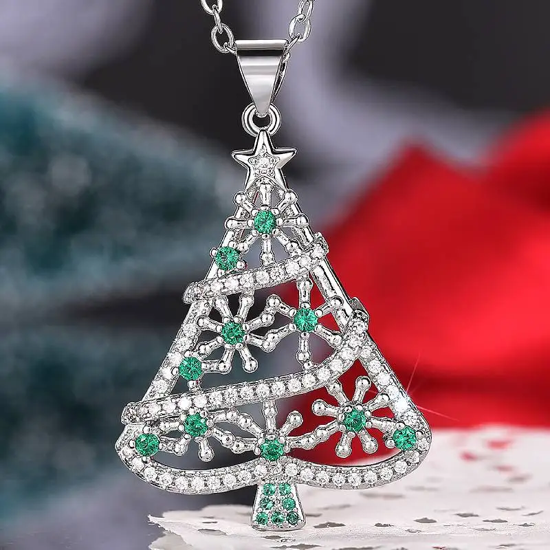 Huita Halskette mit Anhänger für Damen, Weihnachtsbaumform, eingelegt, glänzend, grün, Zirkonia, bezaubernd, Party, Modeaccessoires, Schmuck