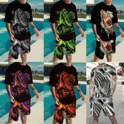 Newest Summer Men's Beach Shorts Set 3D Praying Hands Dove Print Short Sleeve T-shirts+Shorts 2 Pcs Set Oversized Tracksuit Suit