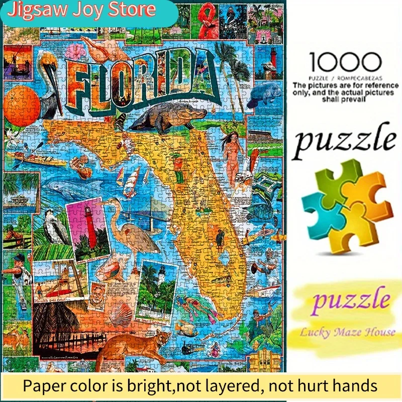 

Пазл-головоломка с картой Флориды, с 3D-элементами, в стиле большой образовательной раскраски-контура.
