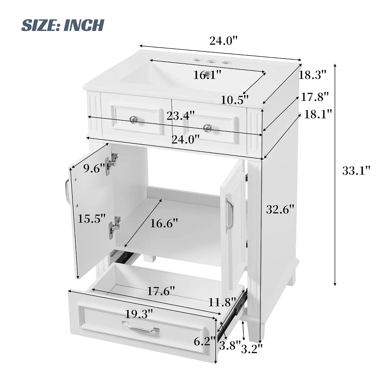 24 Inch Bathroom Vanity with Sink and Storage Cabinet, White, Customized