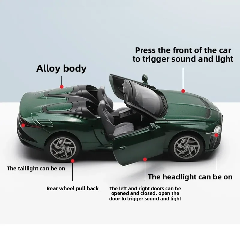 Car Alloy Model Pull Back Sound and Light CCA 1:32 Sports Metal Toy Vehicle Mulliner Bacalar Convertible Children Boy Gift
