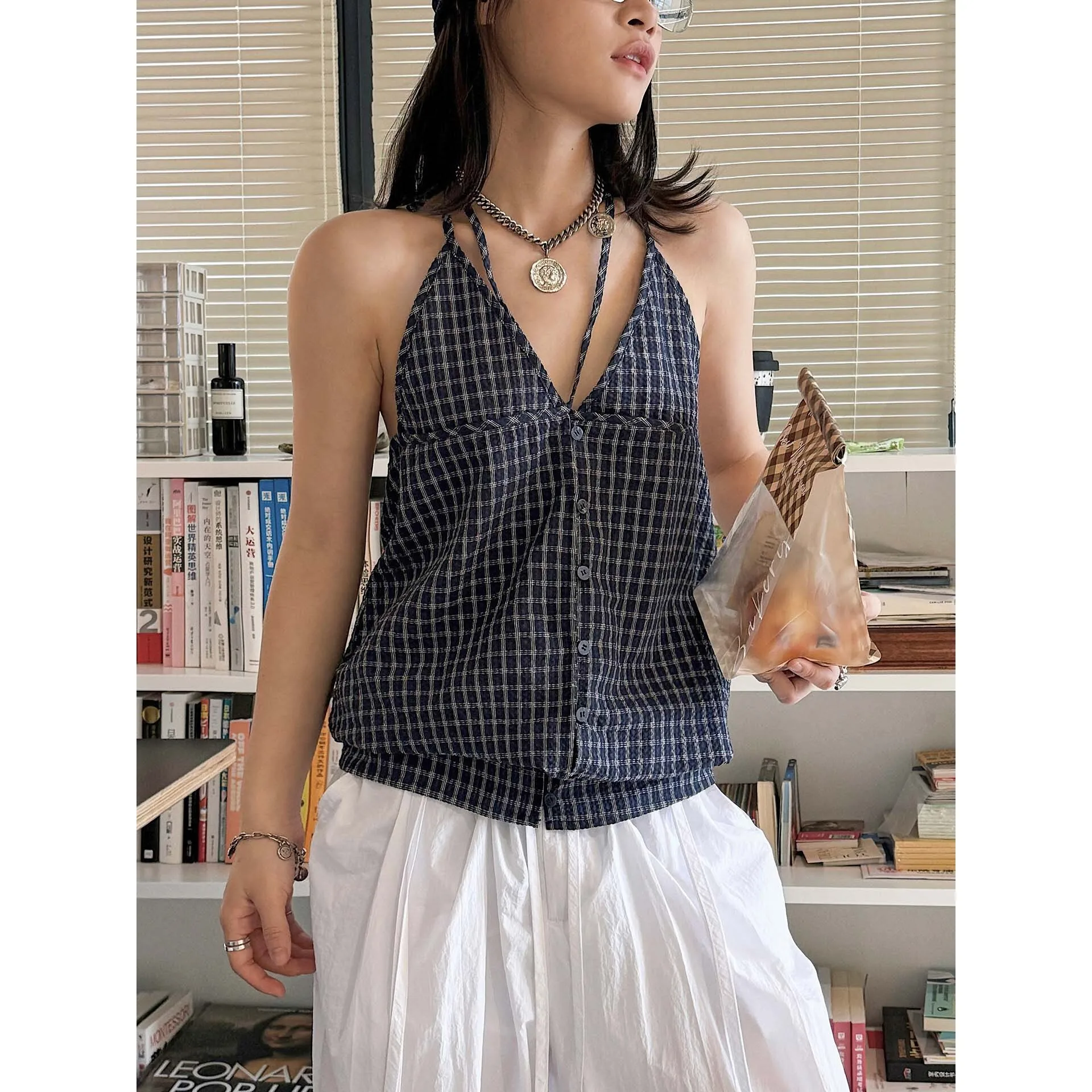 FANAN Summer New Korean Style Fashionable Style Halter Neck Split Checkered Strap Design Backless Top For Women