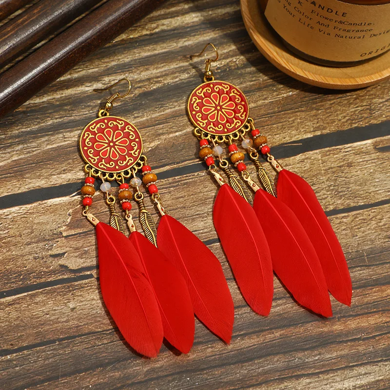 Bohemian Ethnische Lange Feder Ohrringe Boho Wasser Tropfen Gold Farbe Kette Quaste Ohrringe für Frauen Braut Hochzeit Schmuck – Detail 32
