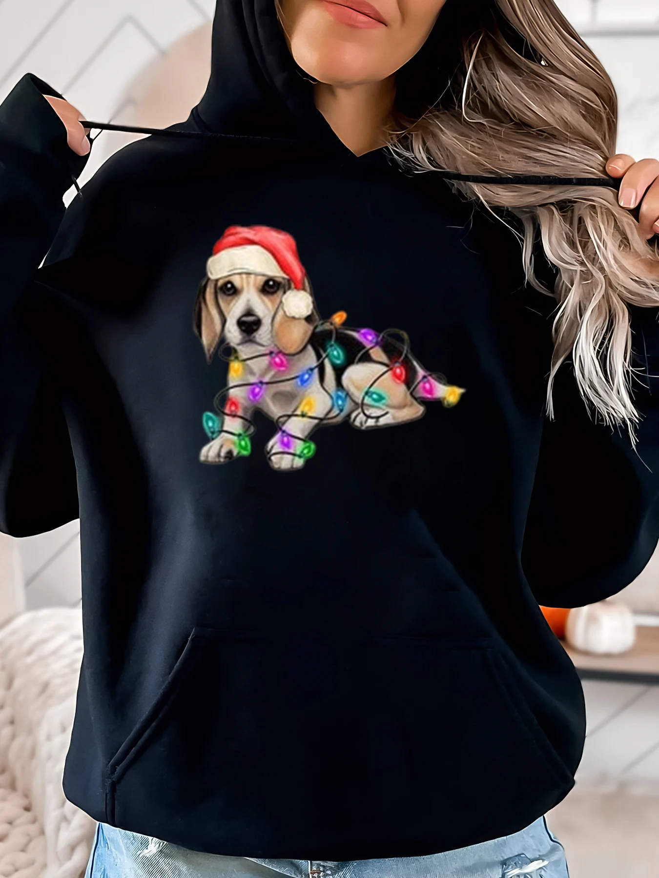 

Christmas Dog with Lights Hoodie Holiday Women Casual Wear Black Plus-Size