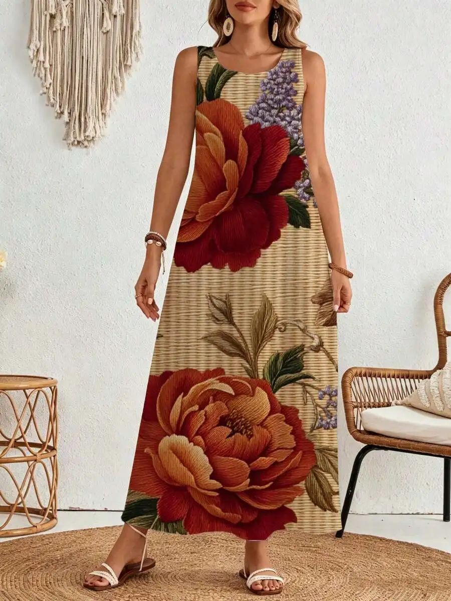 

Floral Maxi Dress Beige With Red Purple Flowers Boho Summer Beach Vacation