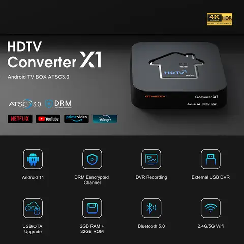 GTMEDIA HDTV Converter X1 ATSC3.0 4K HDR Android 11 TV BOX ATSC Smart Decoder DVR Recording Free, Suitable for the US