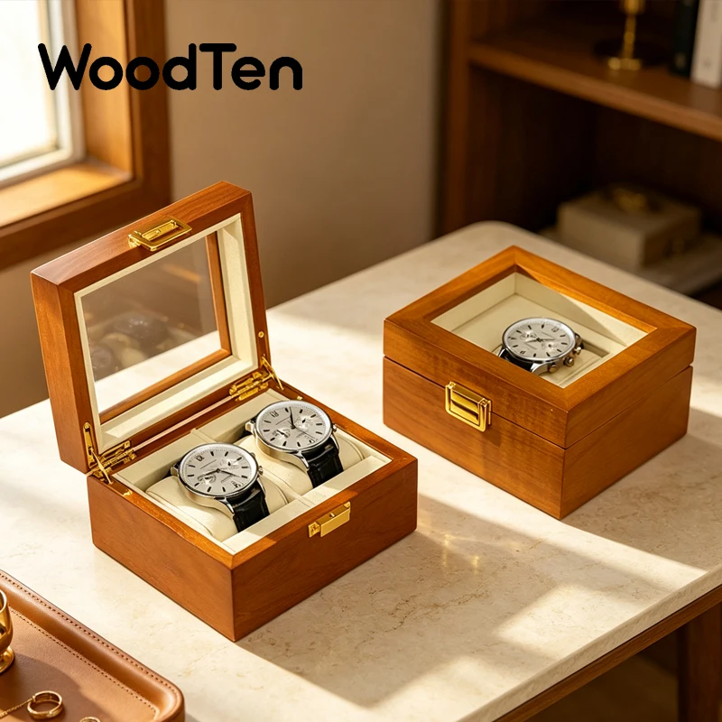WoodTen Watch Box 2-Slot Storage Organizer With Transparent Glass Lid Metal Lock Wooden Watch Display Case For Men Wristwatch