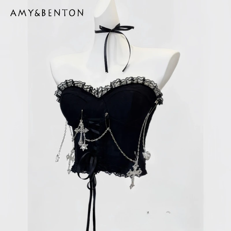 

Autumn New Gothic Dark Lace Splicing Chain Women's Tube Top Sling Original Design Black Irregular Print Long Skirts Set Ladies