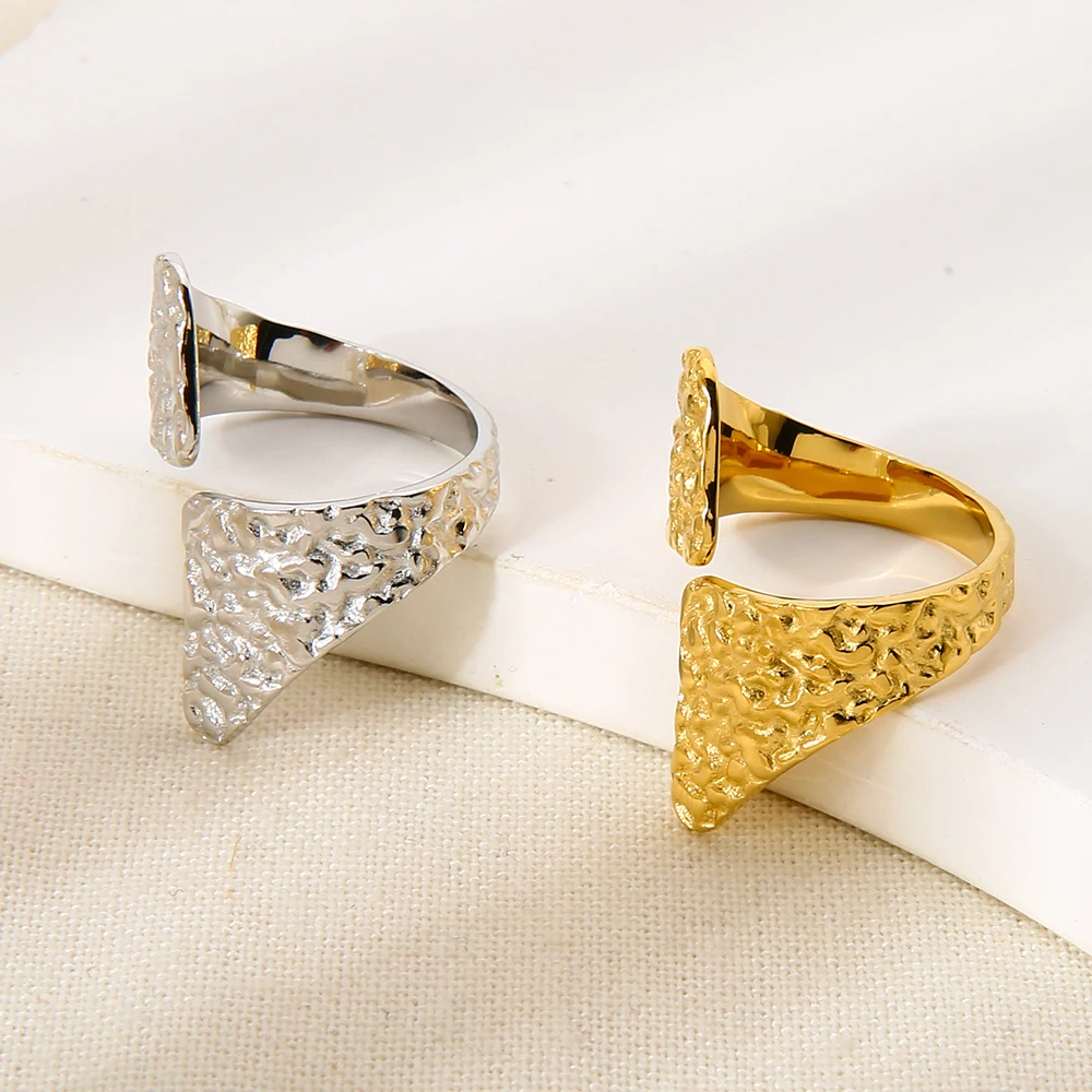 

18K Gold Plated Stainless Steel Hammered Open Ring Irregular Unique Texture Metal Distinctive Finger Jewelry Gift for Women