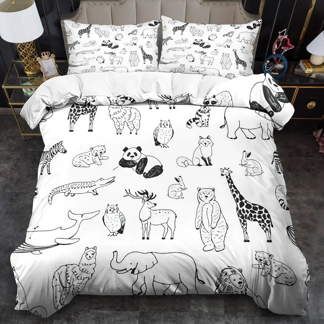 Soft Duvet Cover Set of Three 2D Flat Printed Duvet Cover Set Cartoon Animal Theme Duvet Cover Set Soft Animal Simple Line Drawing Printed Bedding Set, Animal Print Duvet Cover Set, Invisible Zipper, Large Duvet Cover Set, Bedding Set Quilt Cover