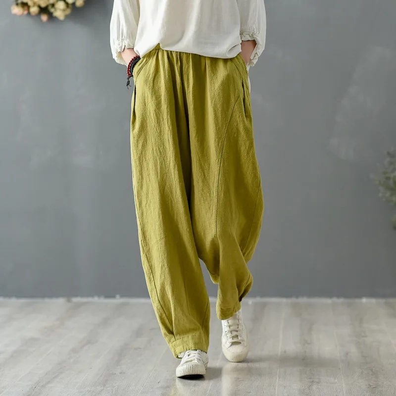 De lino y algodón para mujer, pantalón Vintage con bolsillos, cintura elástica, Patchwork, Color sólido, novedad de primavera