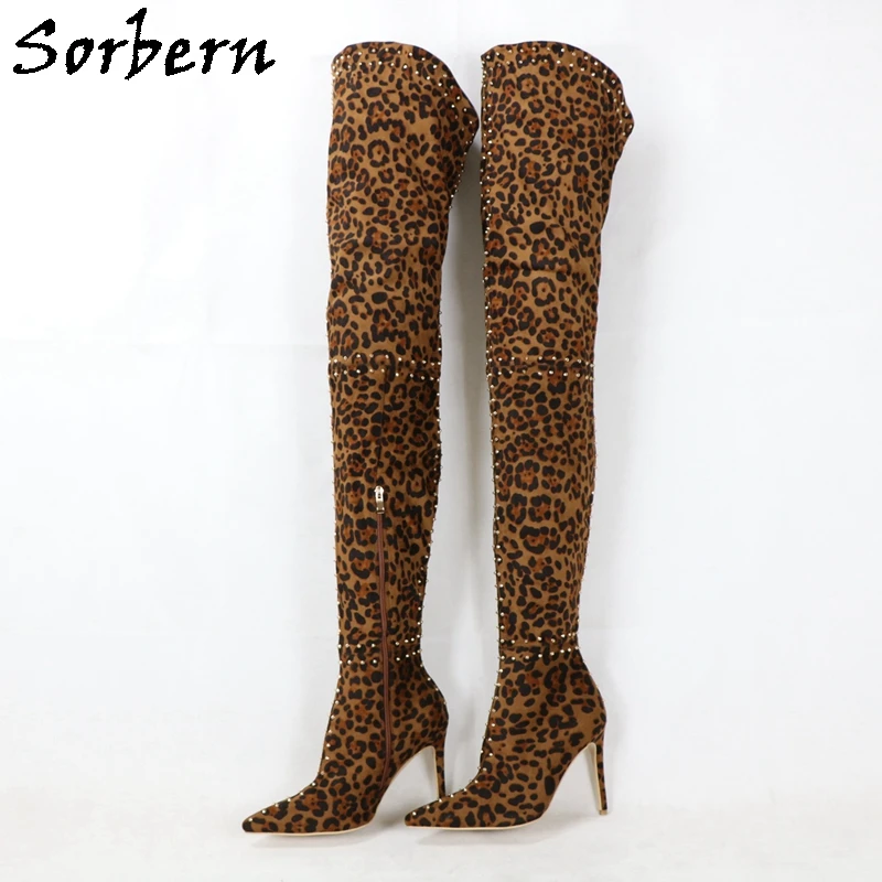 Sorbern Women Boots Leopard Faux Suede Over The Knee Length High Thin Heels Pointed Toe Plush Lining Half Size Zipper Custom