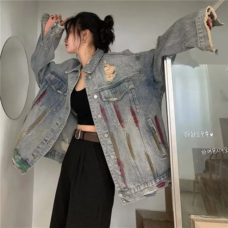 Cowboy Jacket Women's Spring 2024 New Korean Harajuku Loose Hole Jacket Niche Tops Women Denim Jacket Coat Casual Jeans Outwear