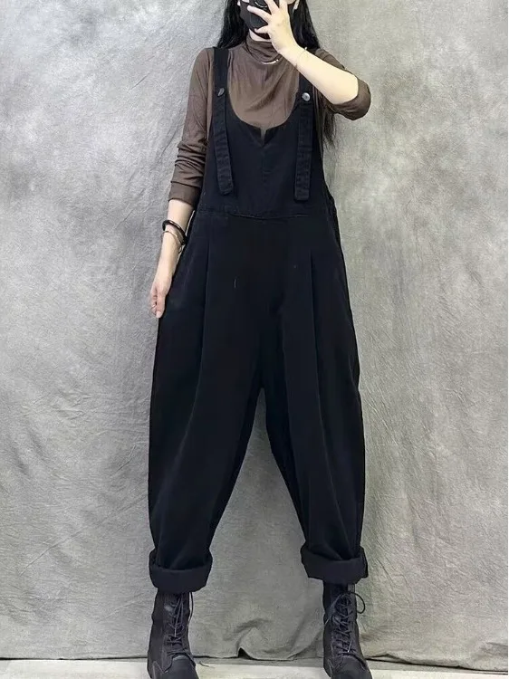 Retro Workwear Style Harem Strap Pants Casual Fashionable Trendy Cotton Polyester Blend High Waist Neutral Gender Pure Color