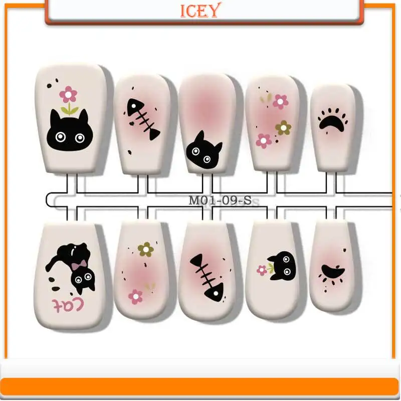 Czarny kot Press on Nails Powder Blusher Kitten Wearing Nail Cartoon Finished Product with Seal Cute Prefabricated Nail Piece