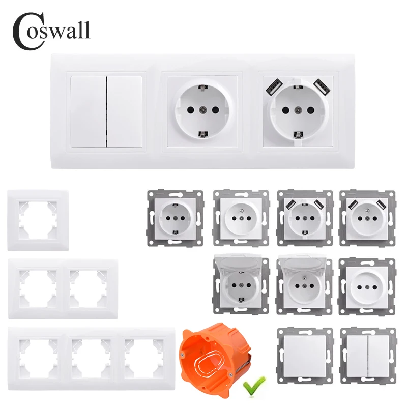 Coswall h série módulo de painel de plástico branco diy interruptor rocker de parede ue schuko soquete usb tipo-a & c carregador internet satélite tv