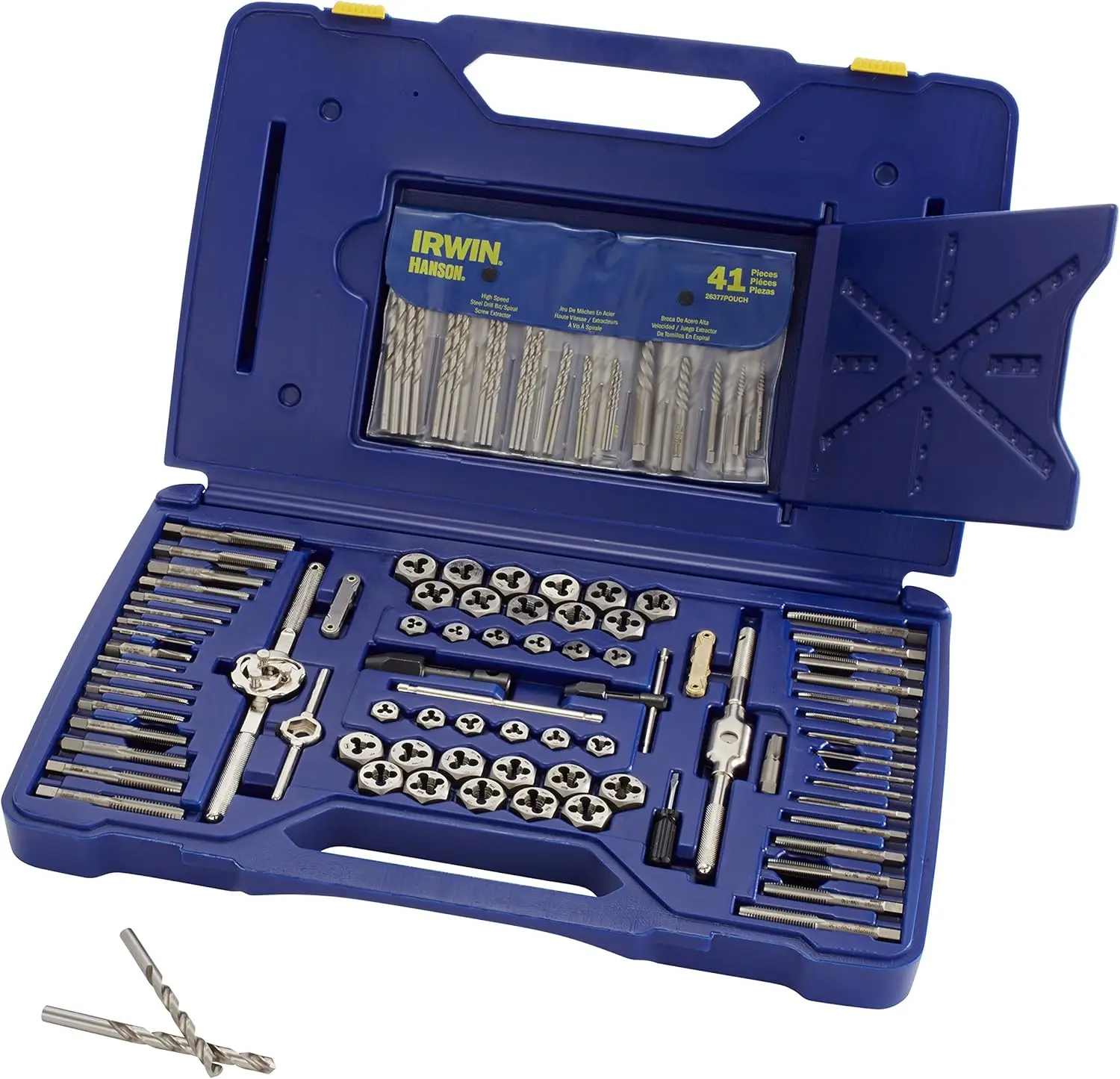 

Tools Hanson Machine Screw/Fractional/Metric Tap and Hex Die and Drill Bit Deluxe Set, 117 Piece 26377, Silver/Blue