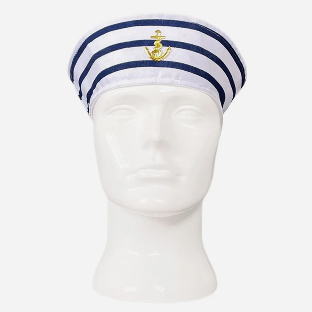 

Blue White Striped Sailor Hat 56cm One Size Polyester Captain Hat for Cosplay Stage Performance Boat Prop Decor Accessories