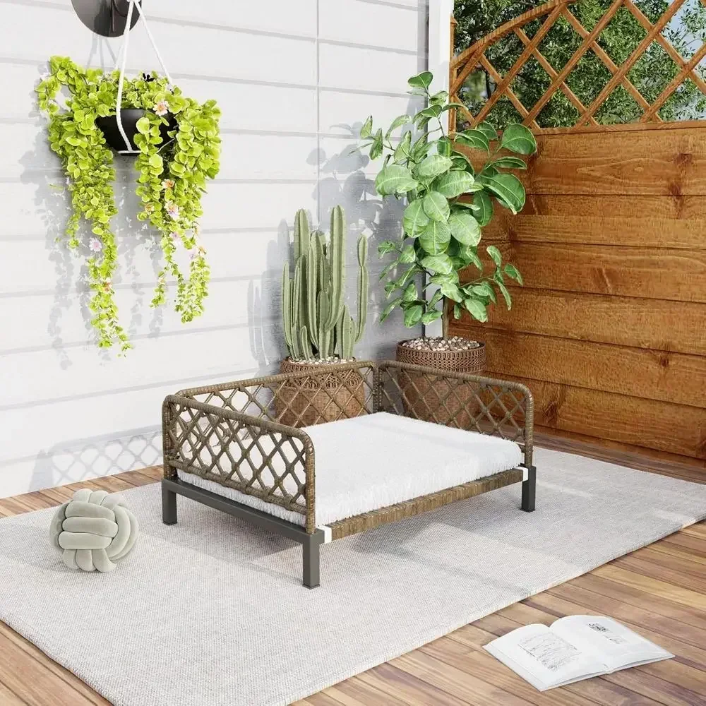 Brown Wicker Indoor Dog Bed with White Cushion, Small Size