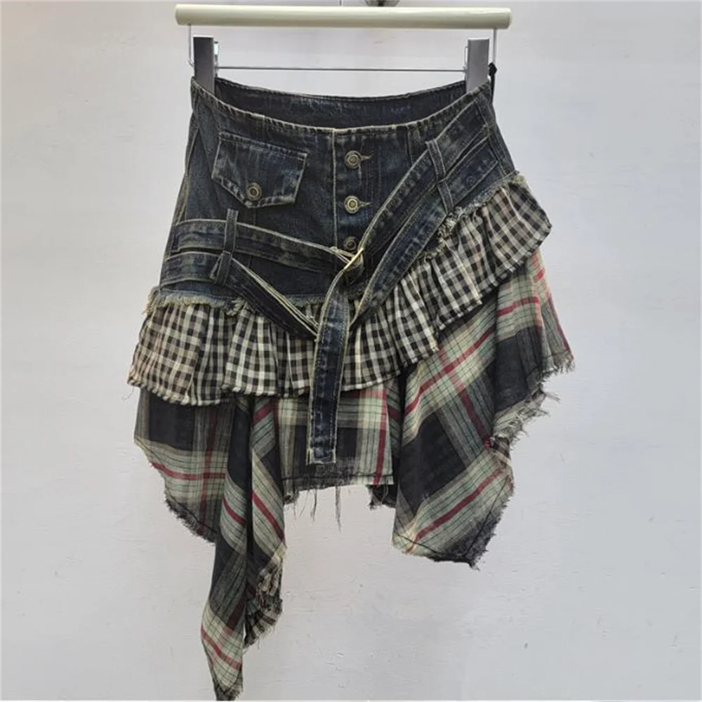 Splicing plaid midi skirt for women girl irregular short skirt belt