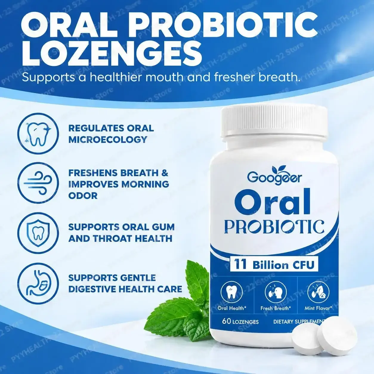Oral Probiotic Lozenges, Fresh Breath,Oral Microbiome Balance,11 Billion CFU & 7 Probiotic Strains,Mint Flavor, 60 Lozenges