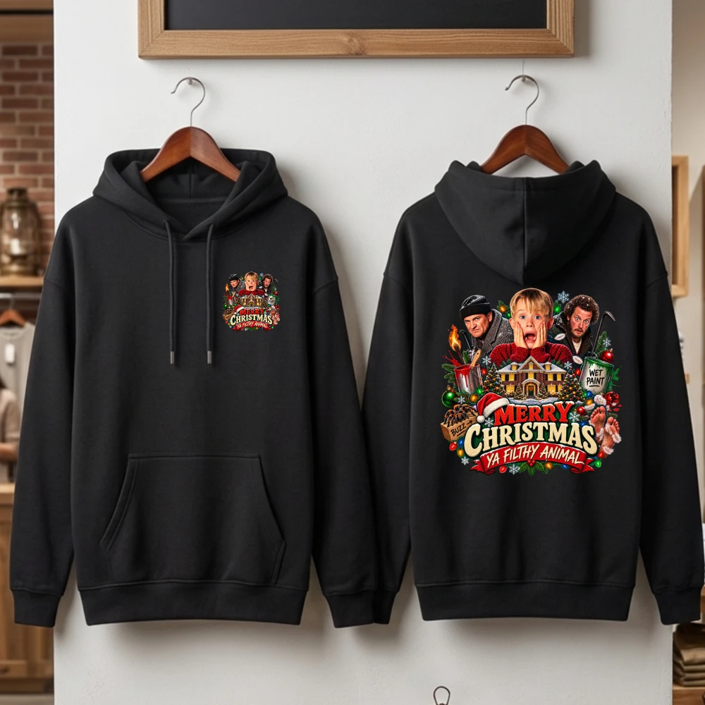 2026 Merry Christmas Ya Filthy Animal Hoodie Funny Movie Graphic Sweatshirt Double Sided Print Xmas Holiday Festival Unisex Tops