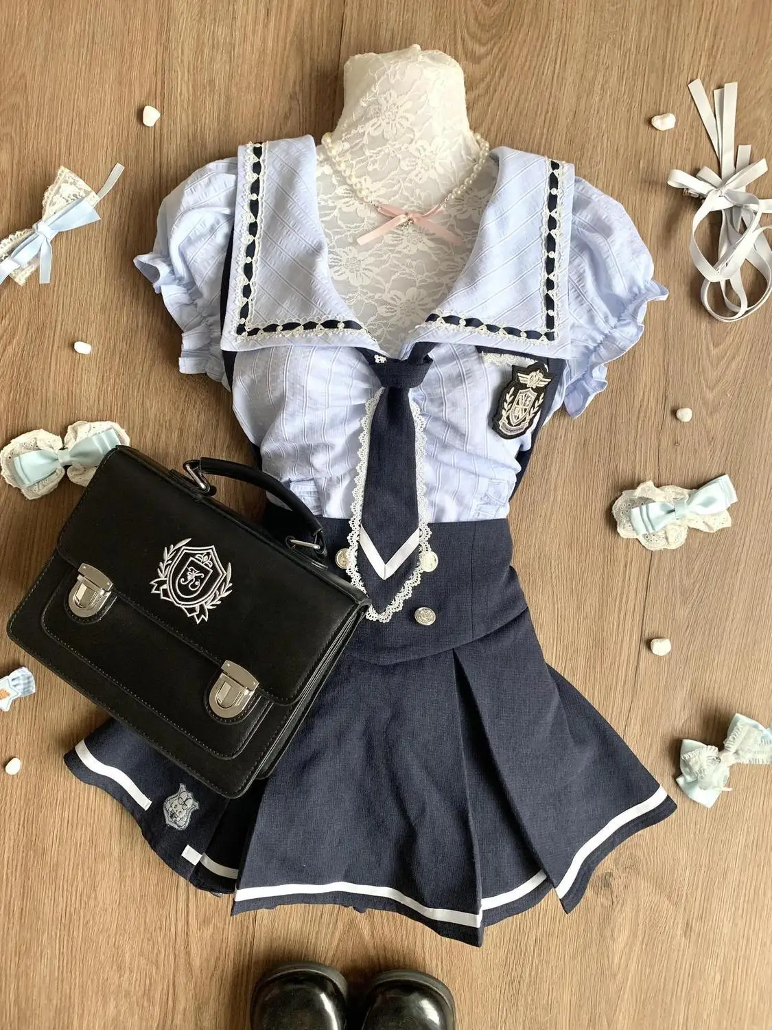 Japanese Sweet Preppy Style 2 Piece Sets Women Y2k Kawaii Design Tops + High Waist Chic Skirt Female Chic Korean Popular Clothes image 2