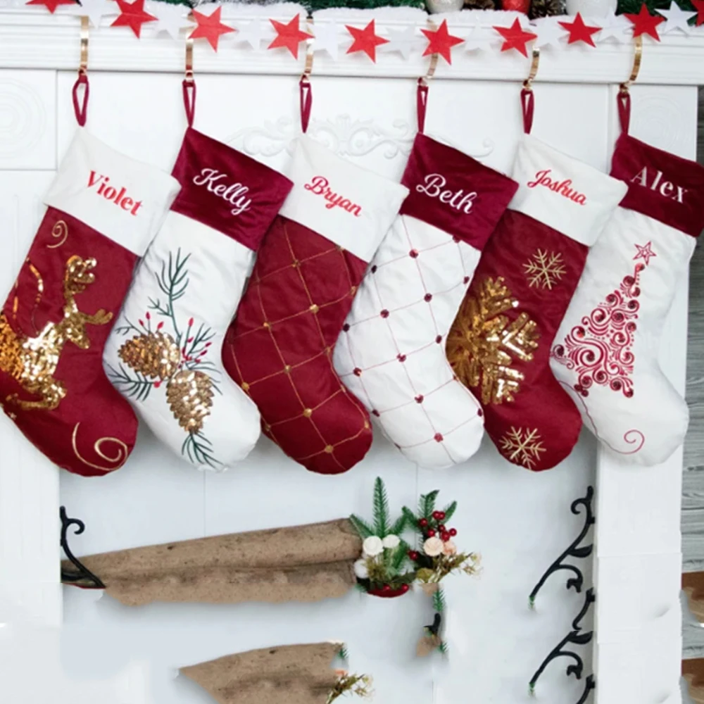 Custom Embroidered Name Christmas Stockings Candy Socks Personalized Children's Gift Bags Happy New Year Props Home Decorations