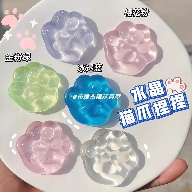 Kawaii Transparente Cat Paws Sticky Squeeze Brinquedos, Soft Quick Rebound, Geléia Realista, Glitter Ice Cube, 5 Pcs