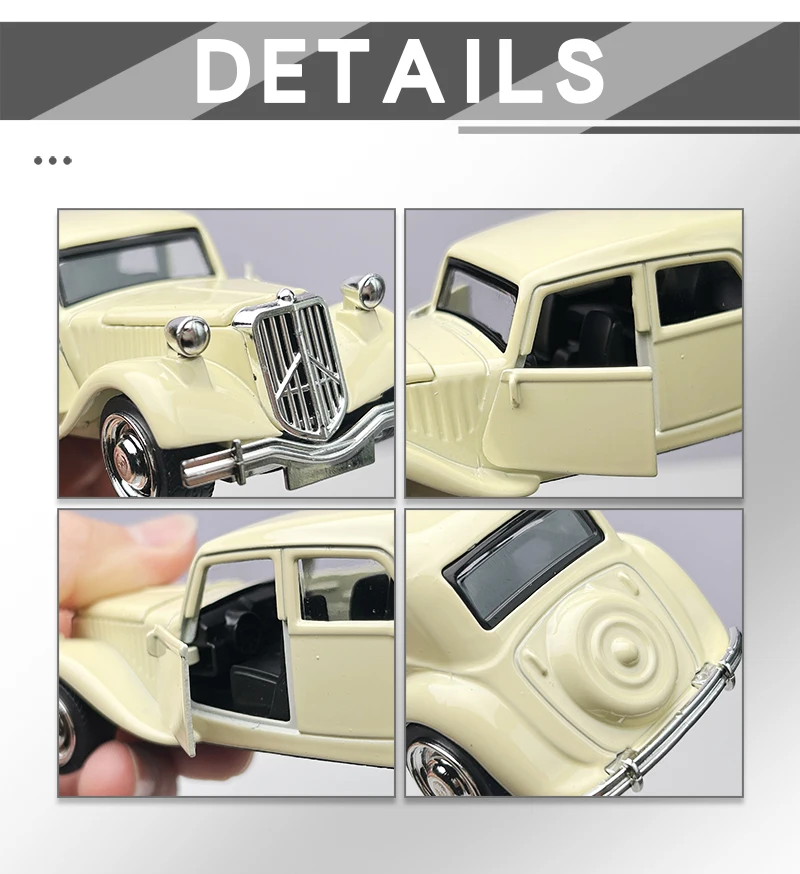 1:36 Legierungsdruckguss-Modellauto 11CV, Vintage-Automodell, klassisch, mit Rückziehfunktion, Türen zum Öffnen, Modellfahrzeug-Replik für Sammlung, Geschenk, Spielzeug – Detail 8