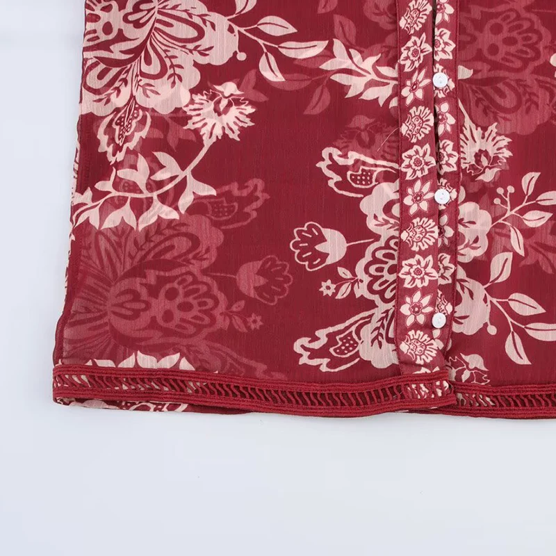 

Spring 2025 Women's Slim Fit Vintage Print V-Ne Long Sve irt Ethnic Sle Polyester Fiber 00% Regular Length Z