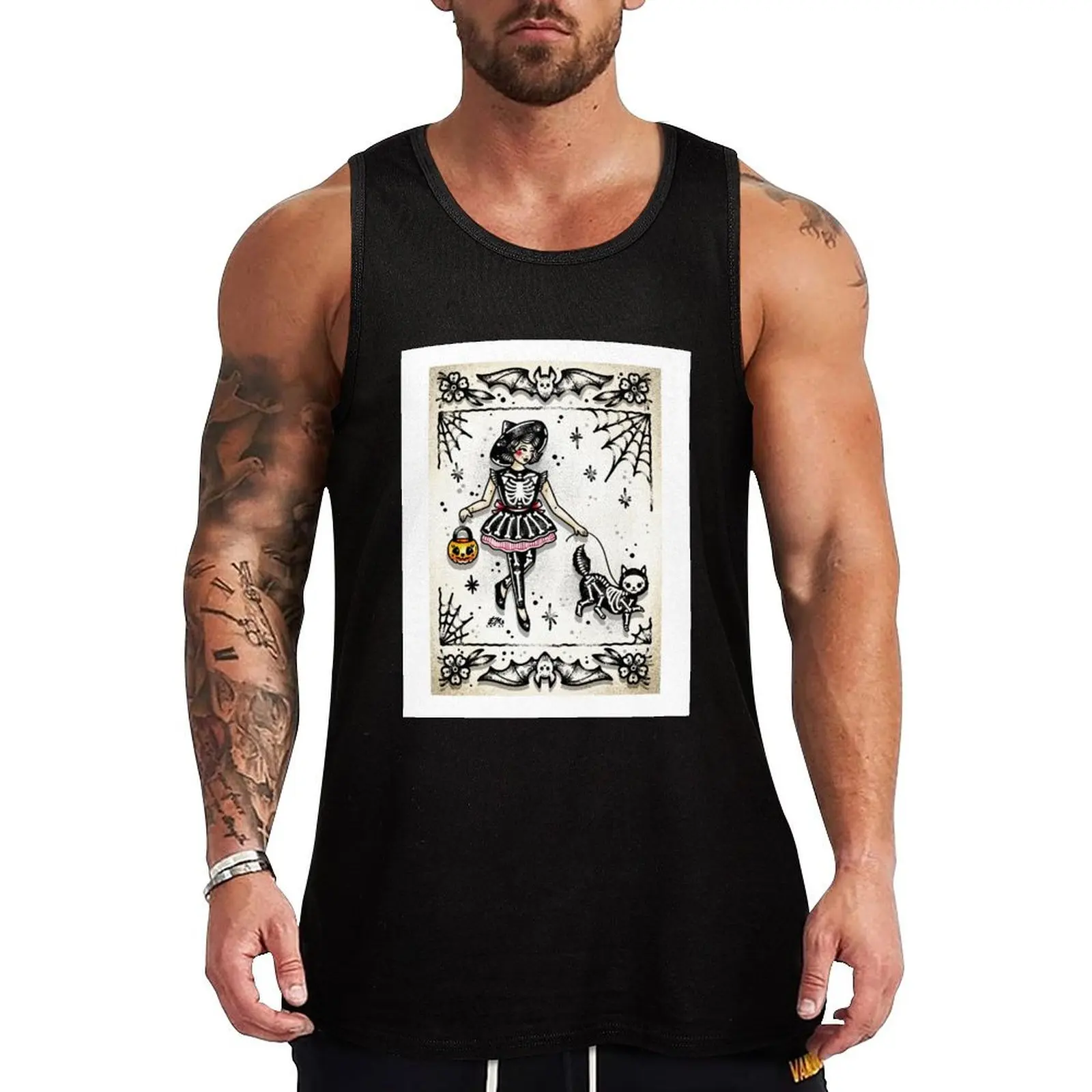 Walking Jellybean Halloween Black Cat Traditional Tattoo Flash Tank Top Pattern Print Tank Top Casual Graphic Sleeveless Top