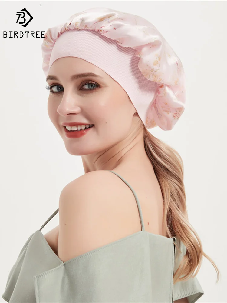 

Birdtree 100%Pure Mulberry Silk Bonnet Cap Night Sleep Knot Round Cap Ladies Hair Care Cap Stretchy Hair Wrap A41221QM