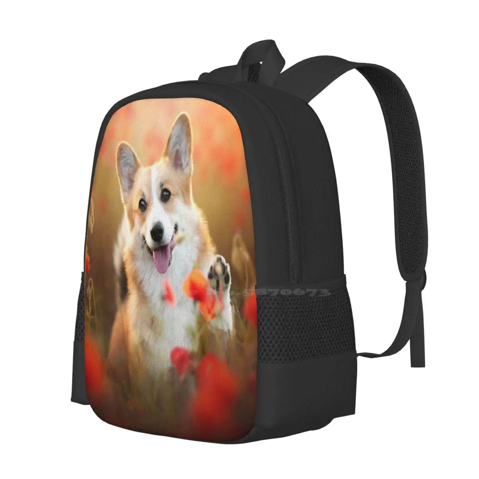 Corgi In A Poppy Field Hot Sale Schoolbag Backpack Fashion Bags Corgi Cute Red Poppy Flowers Poppies