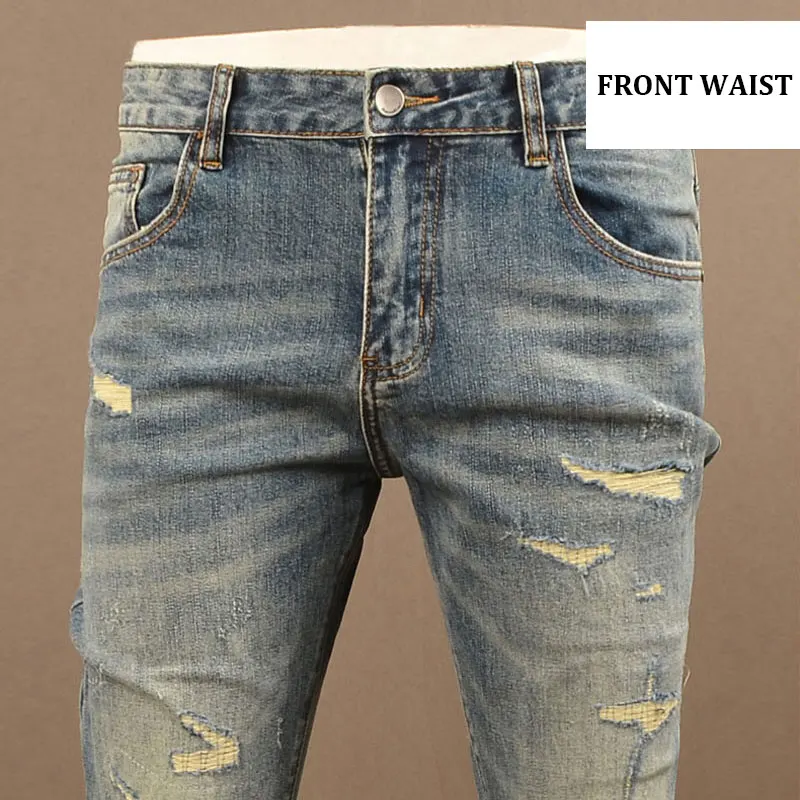 

Street Designer Fashion Men Jeans High Quality Retro Washed Blue Stretch Slim Fit Hole Ripped Jeans Men Y2K Vintage Denim Pants