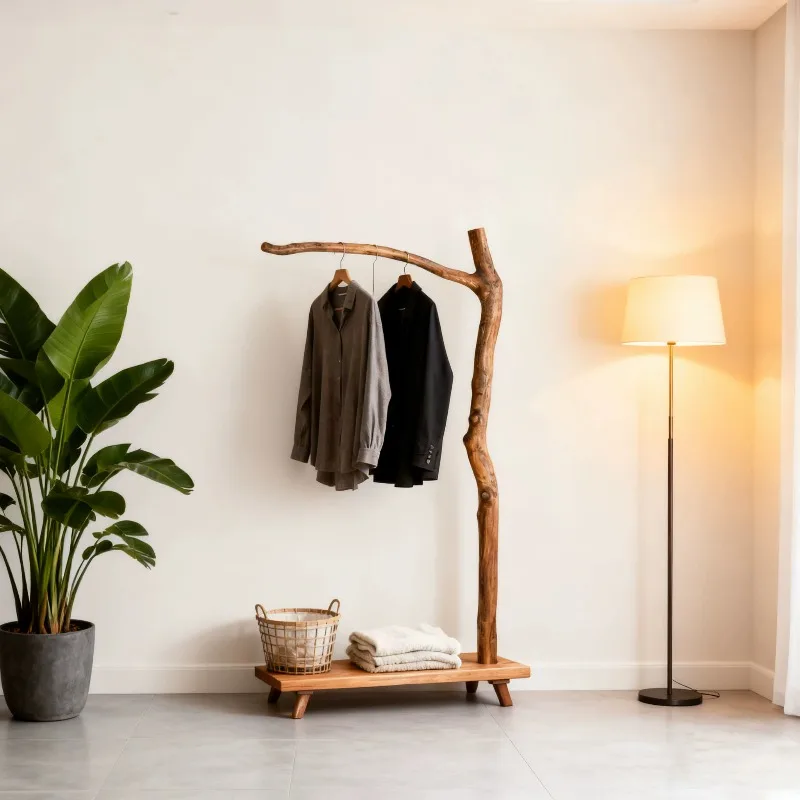 رفوف ملابس طويلة منخفضة المستوى متجر خشبي داخلي شقق حديثة رف ملابس غرفة المعيشة أثاث غرفة Colgadores De Ropa #4