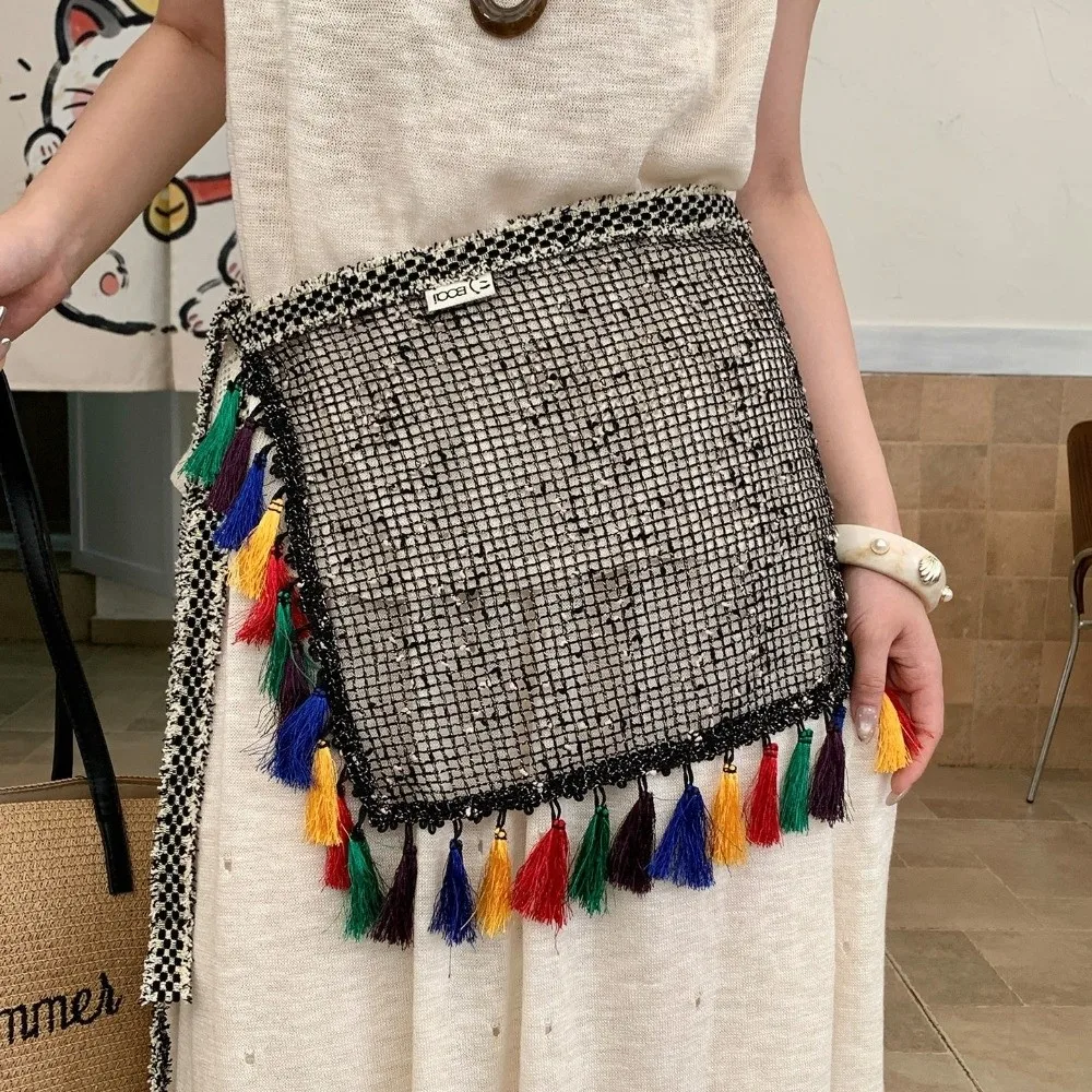 Mini Skirt Hollow Fringed Hip Panel Retro Ethnic Style Butt Curtain for Women Versatile Decor Apron Wrap Skirt Dress Accessories